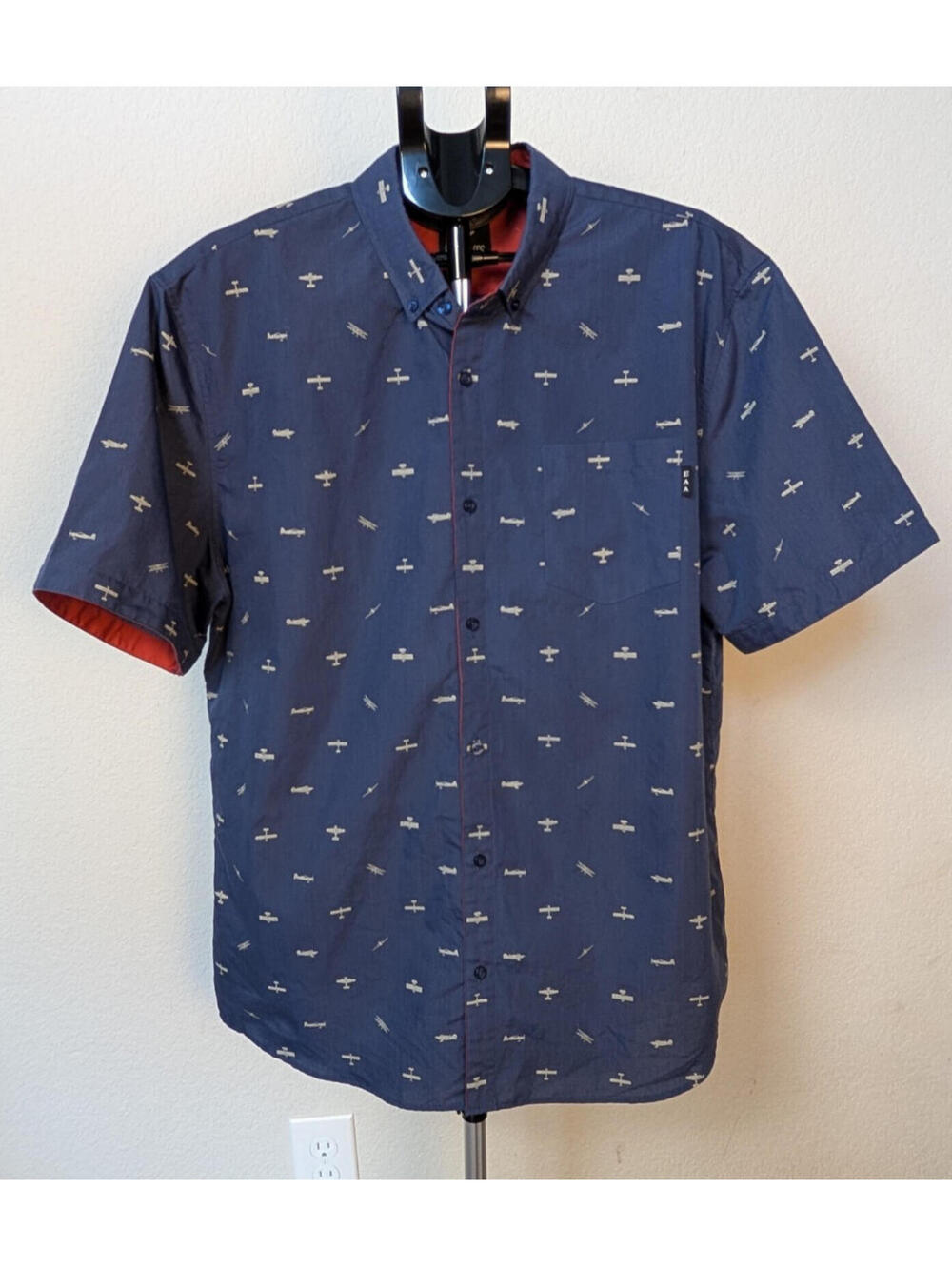 EAA Pattern Ops Airplane Print Button Down Shirt Navy Blue XL
